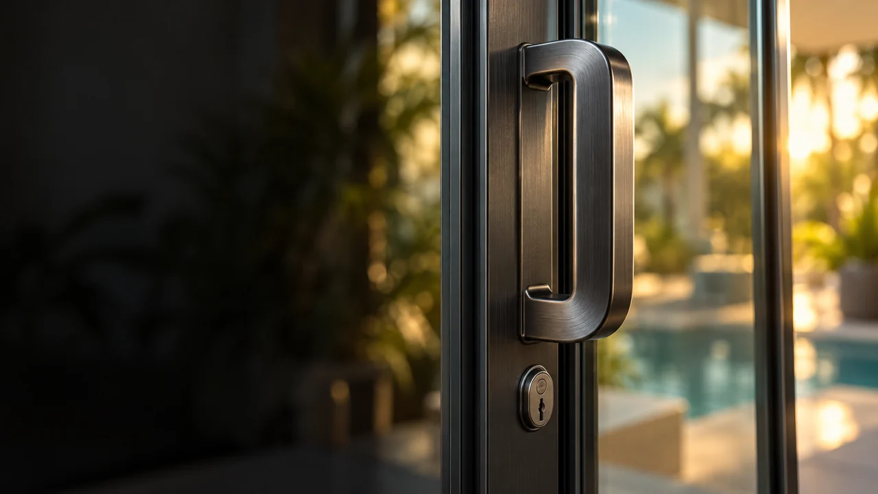 Architectural illustration of a brushed metal sliding door handle and lock